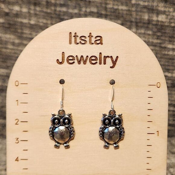 Silver Owl Charm Earrings on Sterling Silver Earwires - Picture 1 of 3